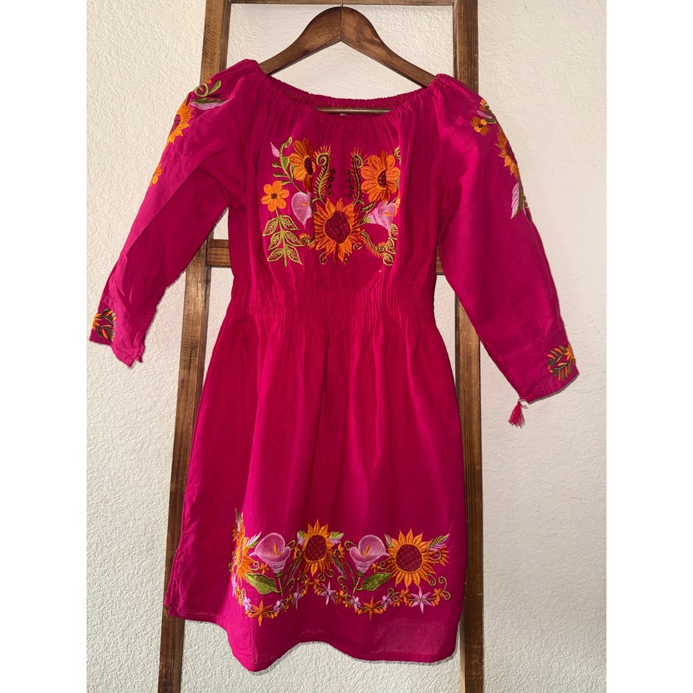 Mexican Floral Embroidered Peasant Dress Pink Sunflower Smocked Waist Large